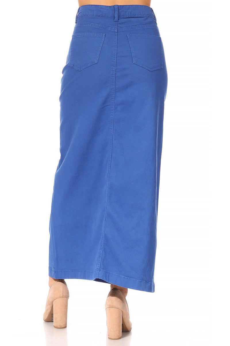 model wears blue maxi cotton skirt