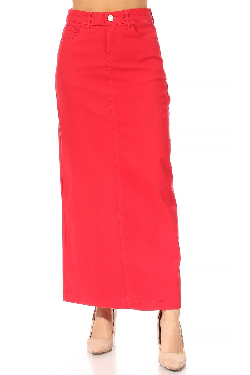 model wears red maxi cotton skirt