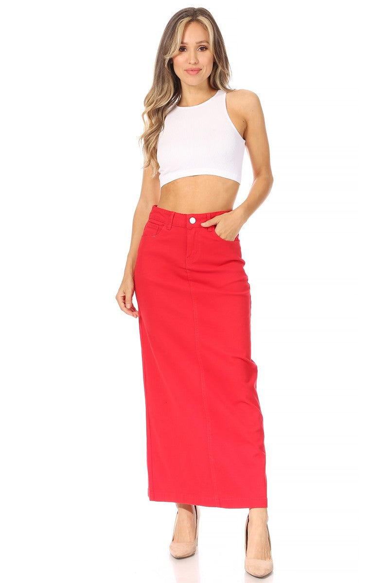 model wears red maxi cotton skirt