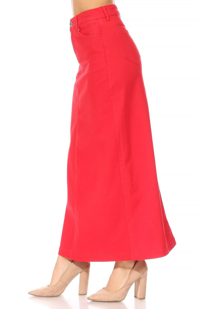 model wears red maxi cotton skirt