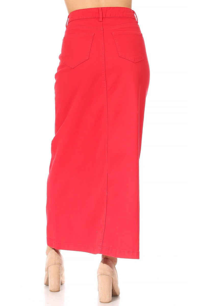 model wears red maxi cotton skirt