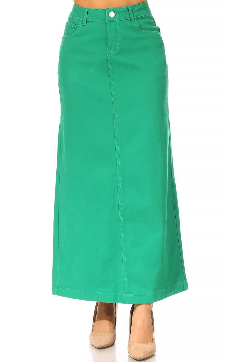 model wears green maxi cotton skirt
