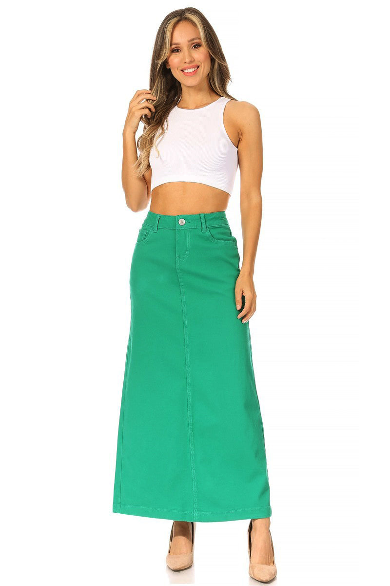 model wears green maxi cotton skirt
