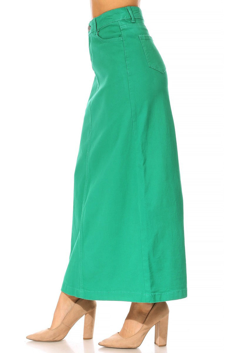 model wears green maxi cotton skirt