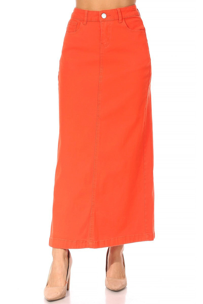 model wears orange maxi cotton skirt