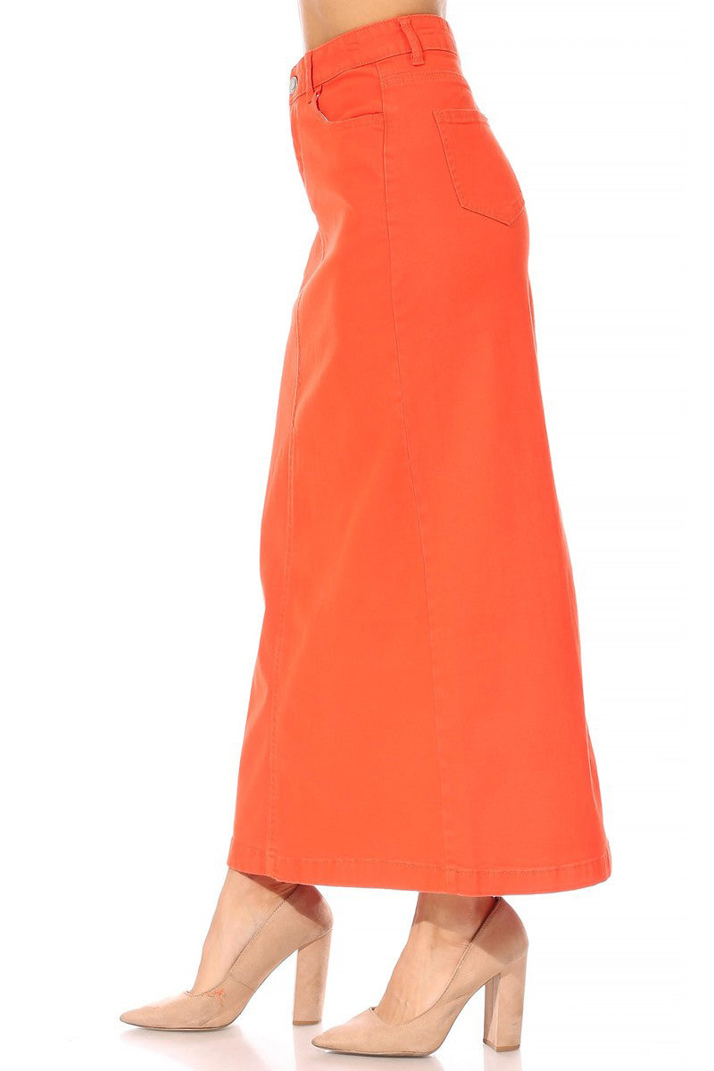 model wears orange maxi cotton skirt