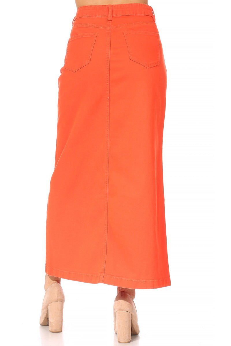 model wears orange maxi cotton skirt