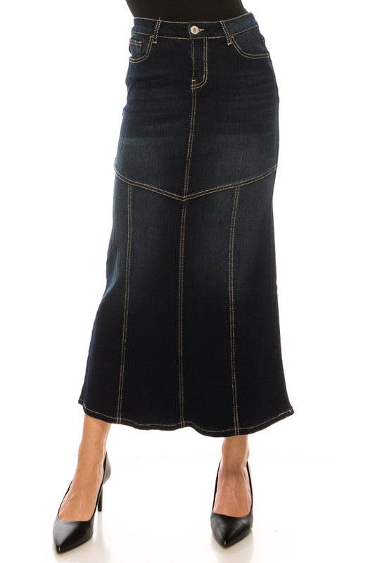model wears dark indigo wash denim skirt