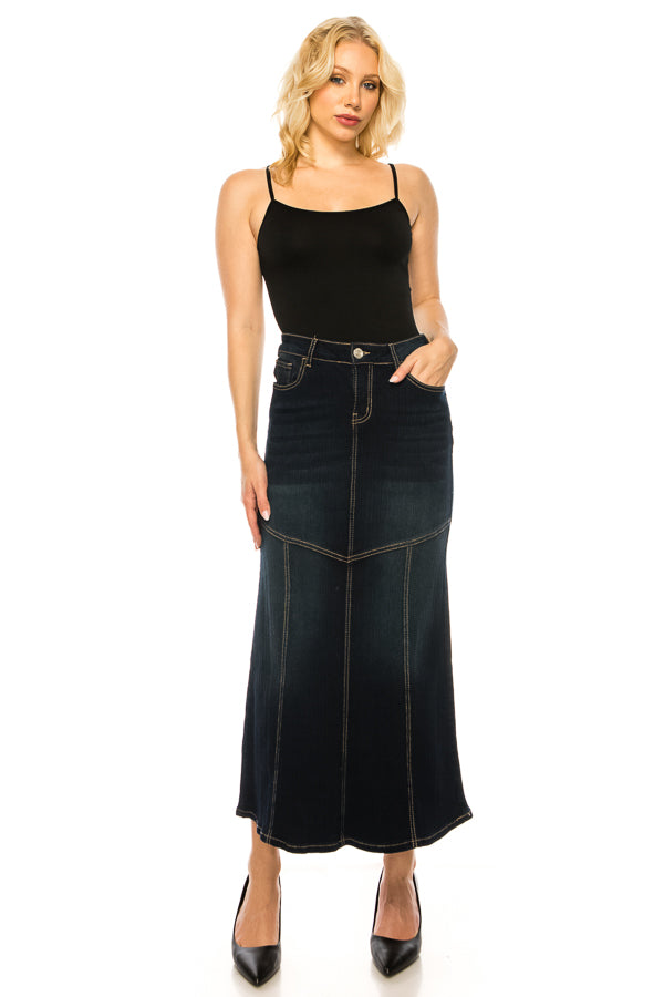 model wears dark indigo wash denim skirt