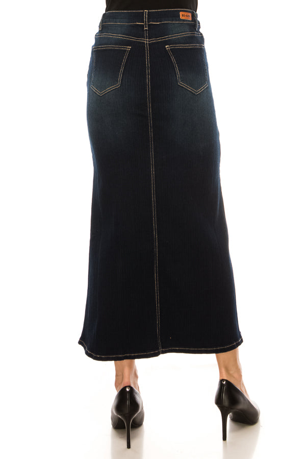 model wears dark indigo wash denim skirt