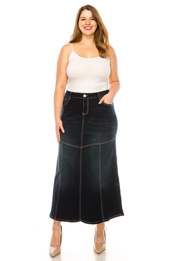 model wears dark indigo wash denim skirt