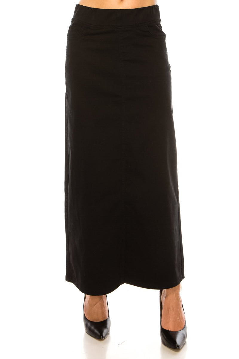 model in black maxi skirt