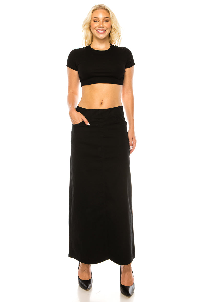 model in black maxi skirt