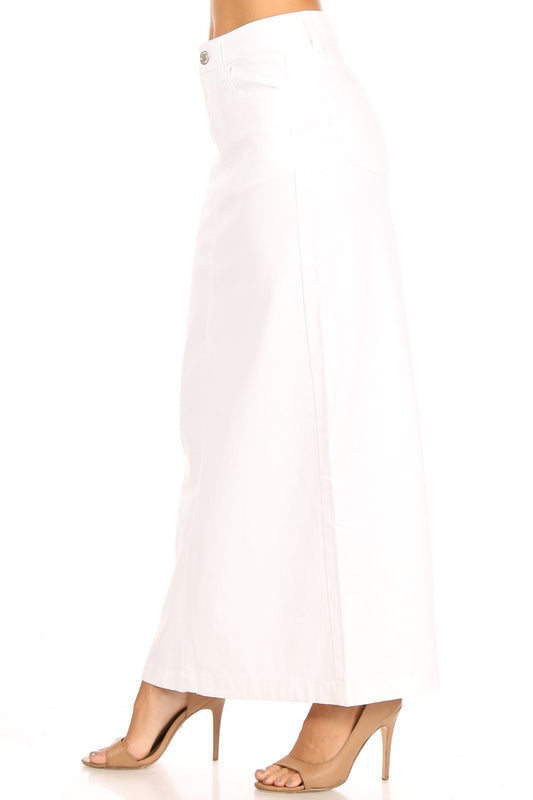 model in mid rise white cotton maxi skirt