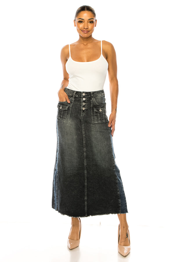 model wears black denim maxi skirt