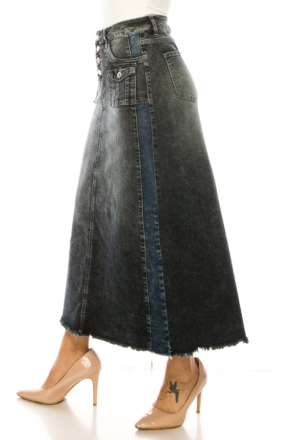 model wears indigo wash denim skirt