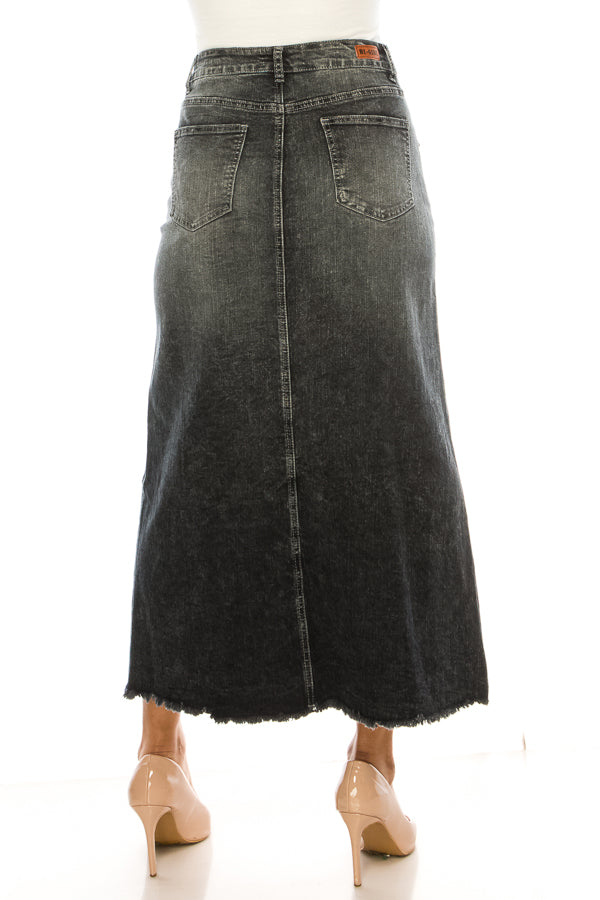 model wears indigo wash denim skirt