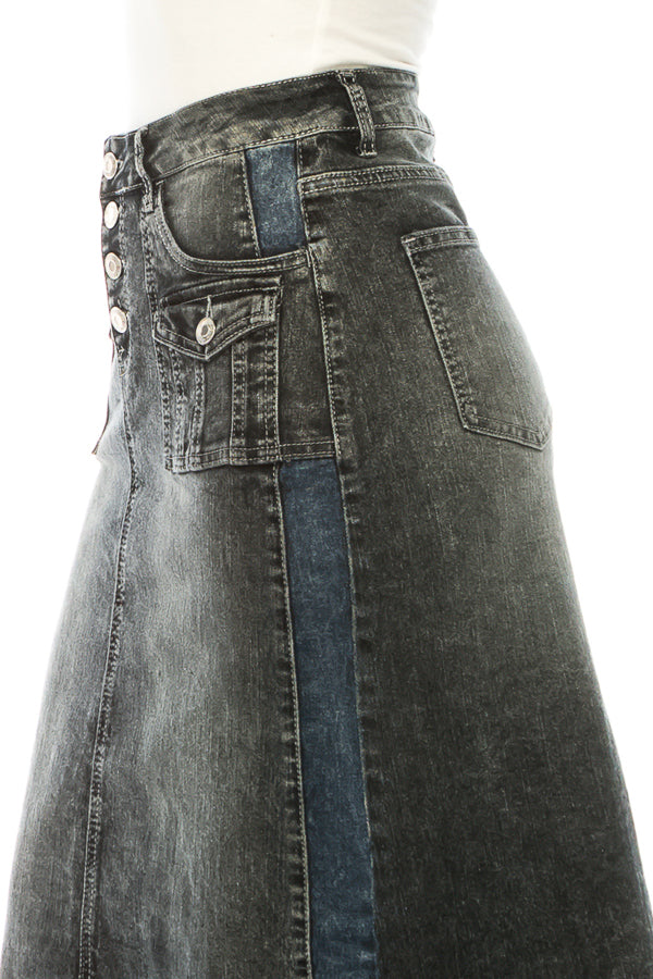 model wears indigo wash denim skirt