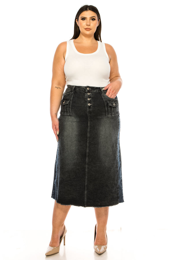 model wears indigo wash denim skirt