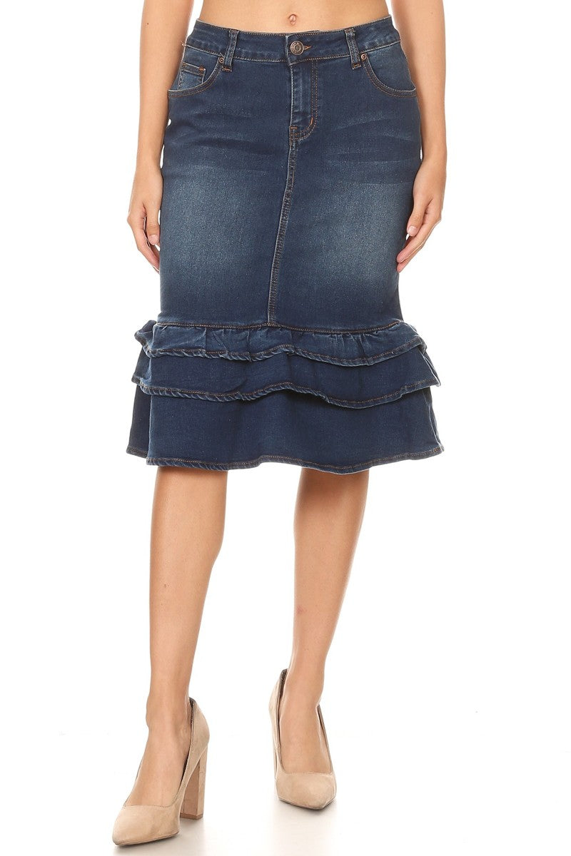 model wears blue wash denim skirt 