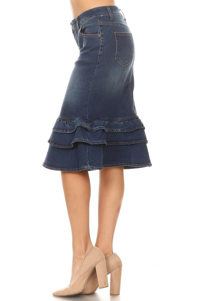 model wears blue wash denim skirt 