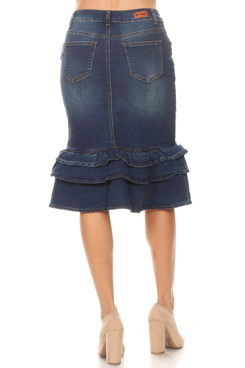 model wears blue wash denim skirt 