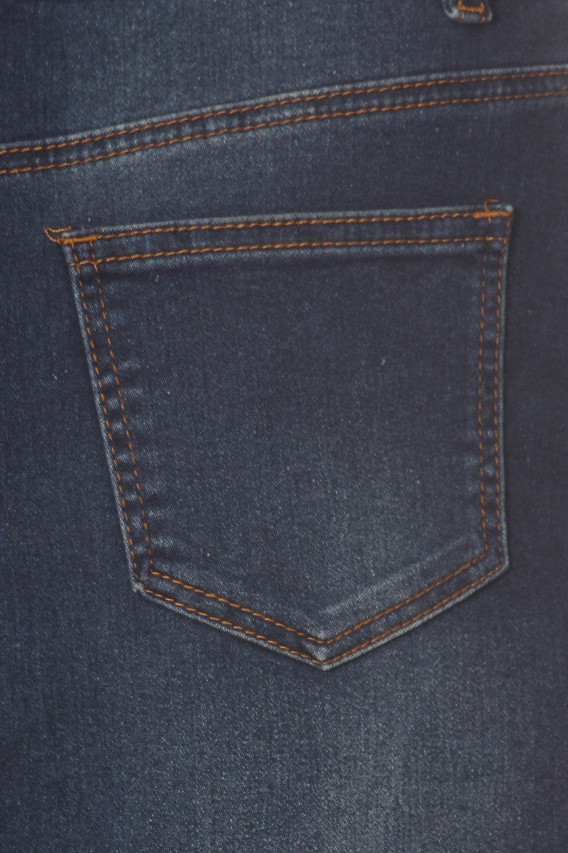 model wears blue wash denim skirt 