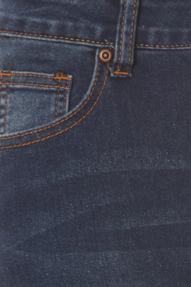 model wears blue wash denim skirt 