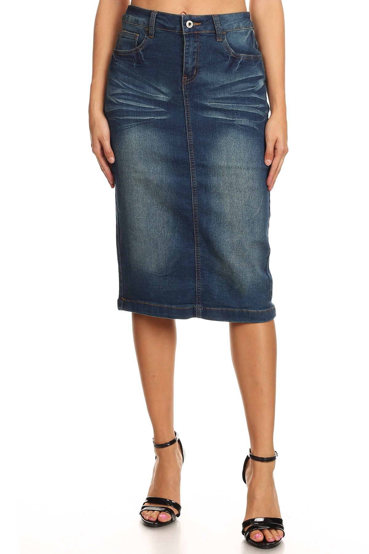 model wears blue wash denim skirt