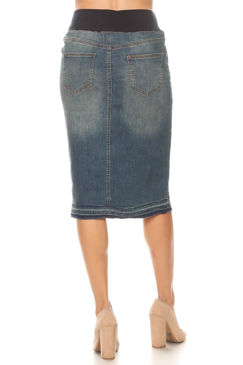 model wears blue wash denim skirt