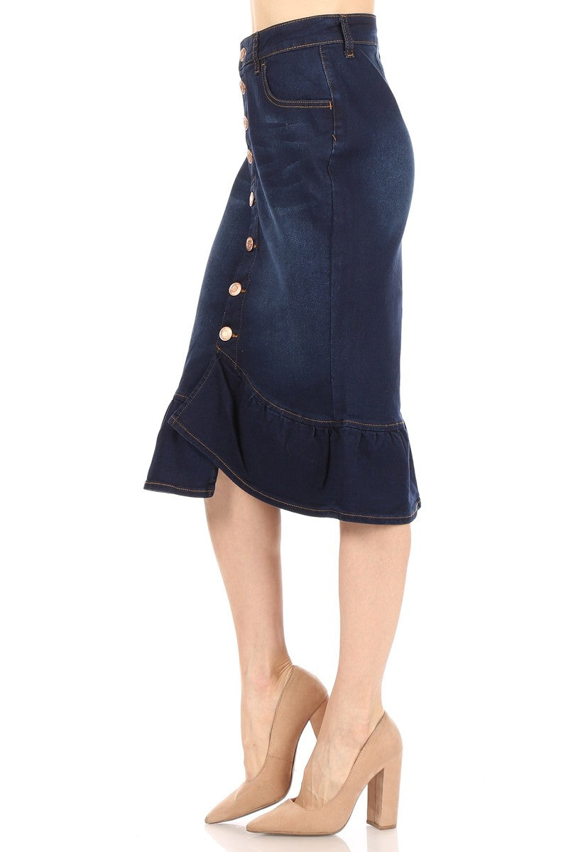 model wears dark indigo wash denim skirt