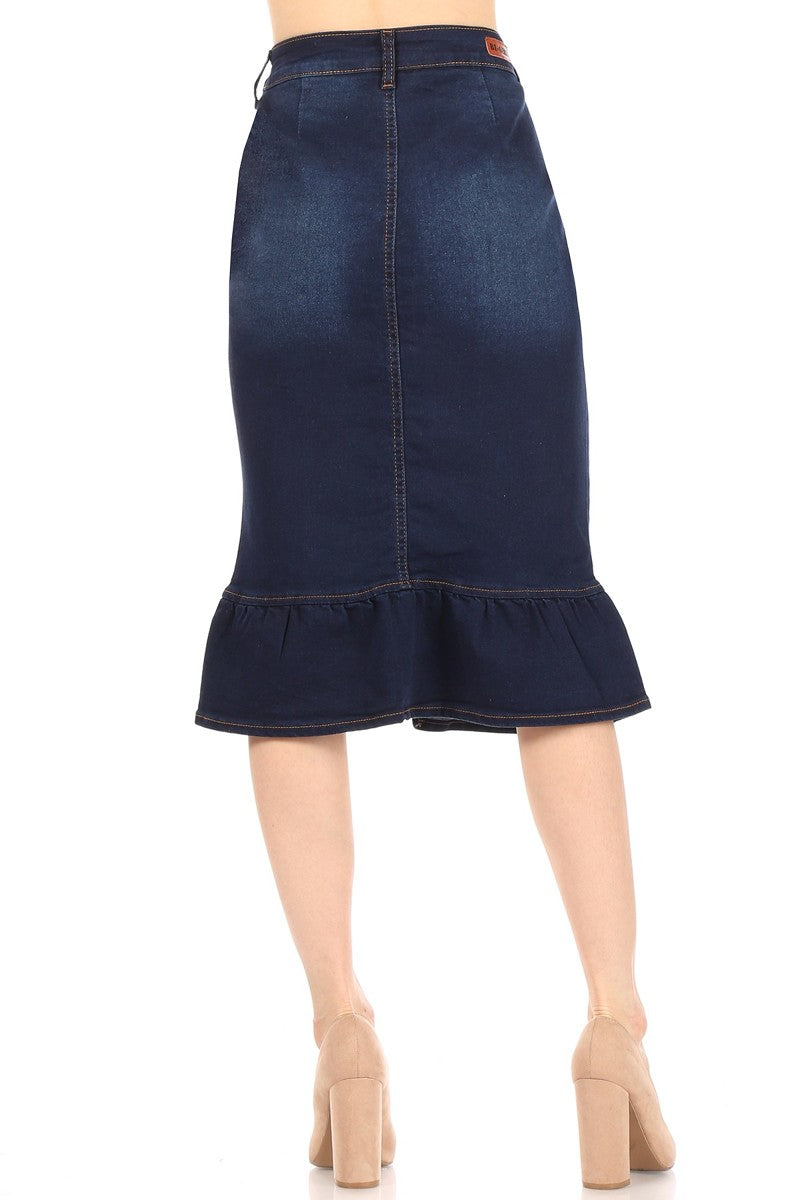 model wears dark indigo wash denim skirt