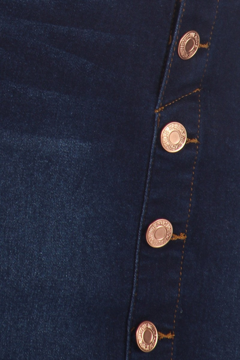 model wears dark indigo wash denim skirt
