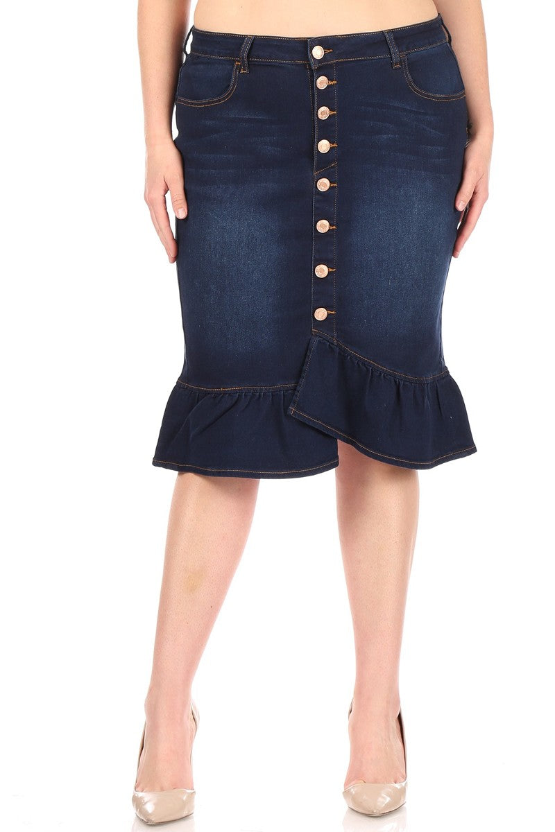 model wears dark indigo wash denim skirt