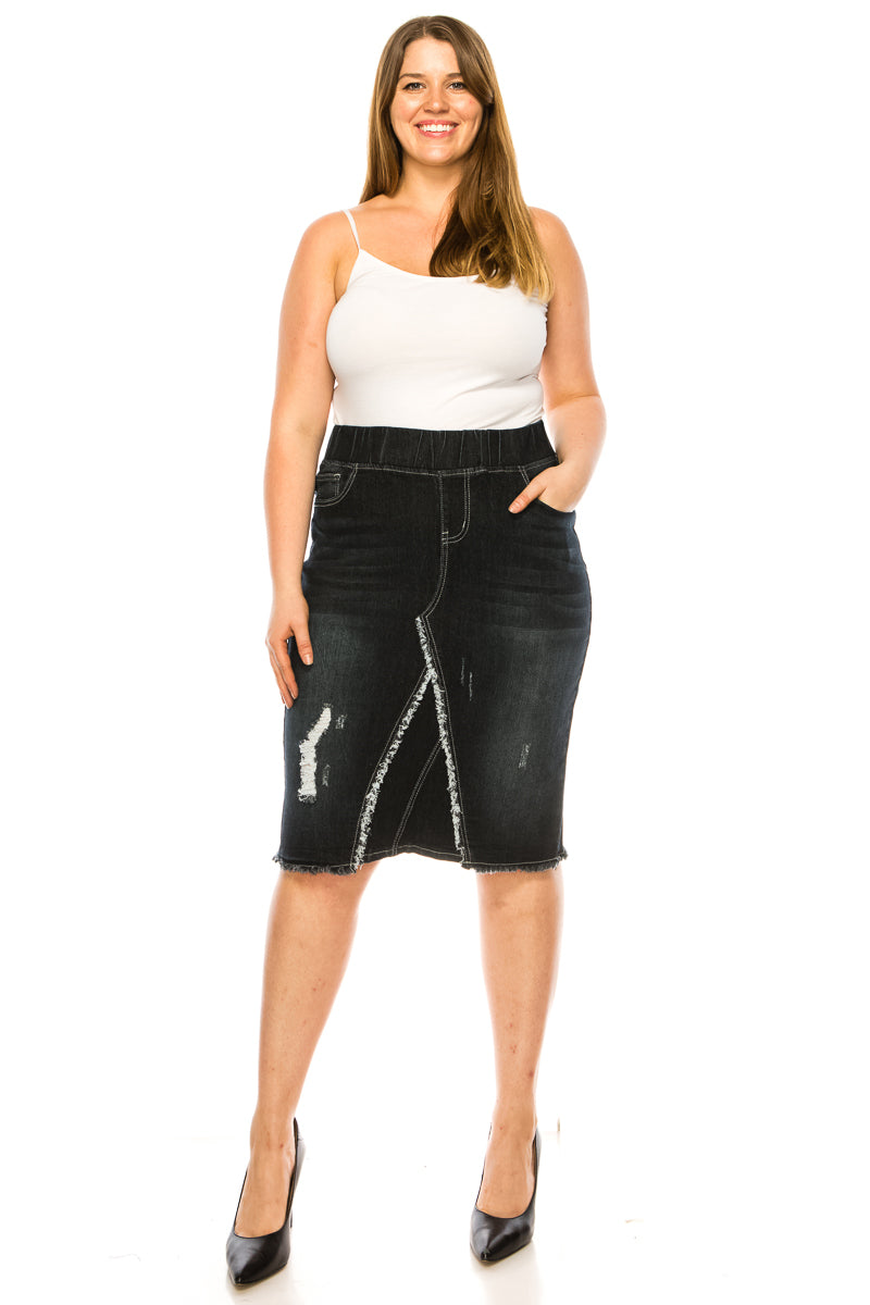 model wears black wash denim skirt