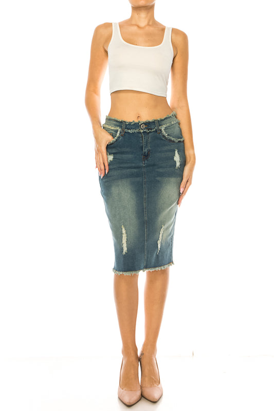 model wears vintage wash denim skirt
