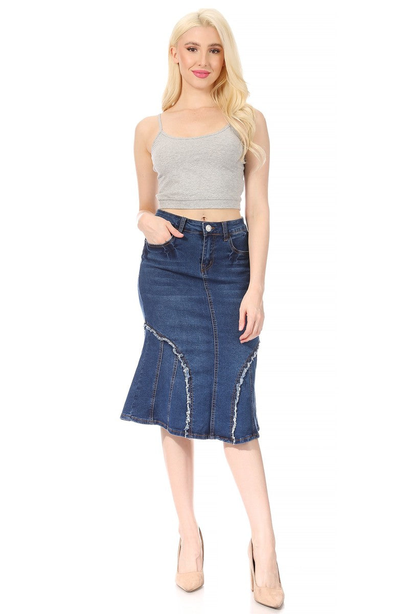 model wears indigo wash denim skirt 