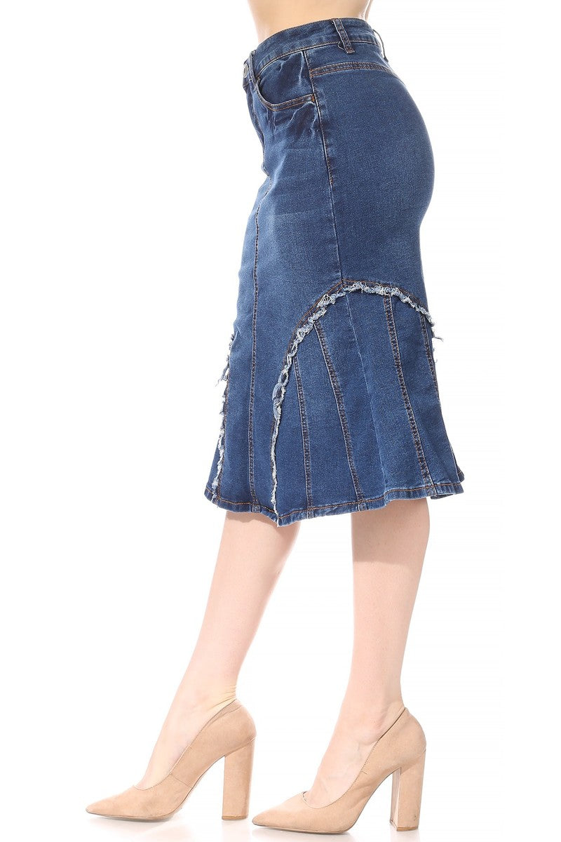 model wears indigo wash denim skirt 