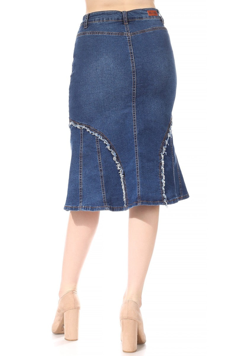 model wears indigo wash denim skirt 