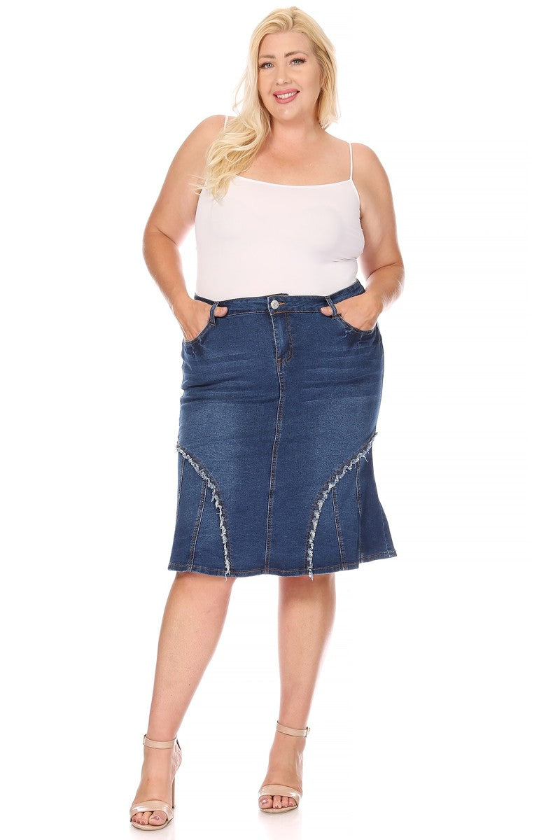 model wears indigo wash denim skirt 