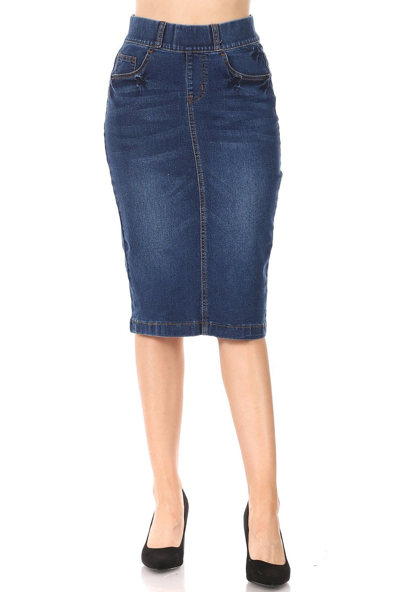 model wears indigo wash denim skirt
