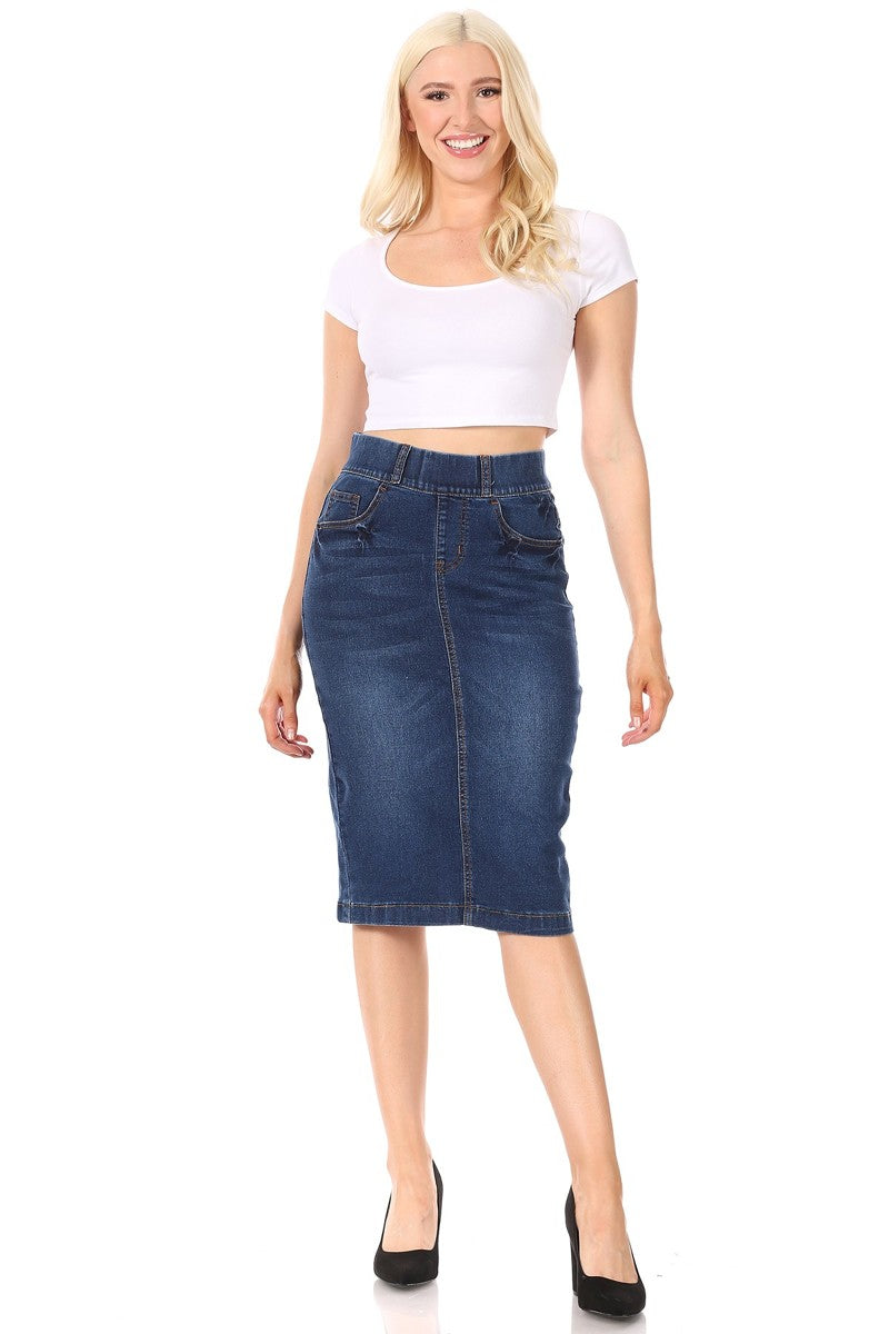 model wears indigo wash denim skirt