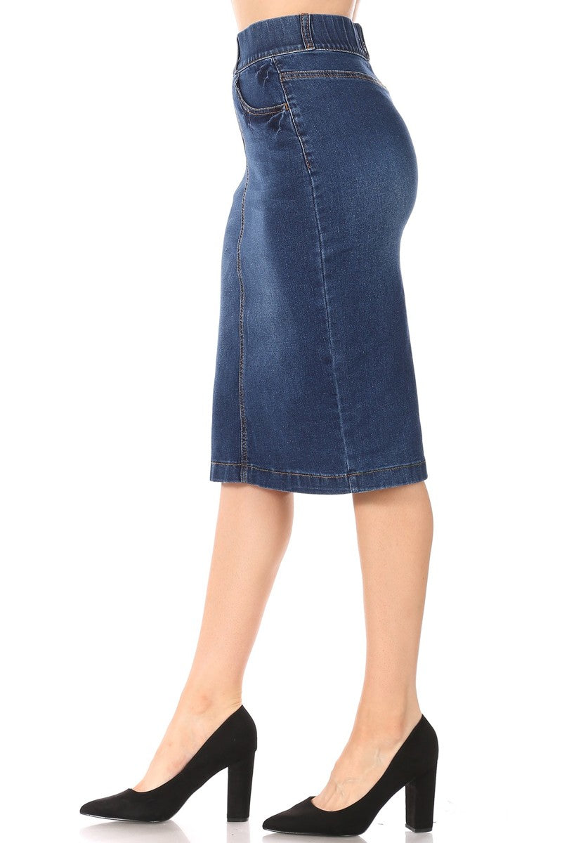 model wears indigo wash denim skirt