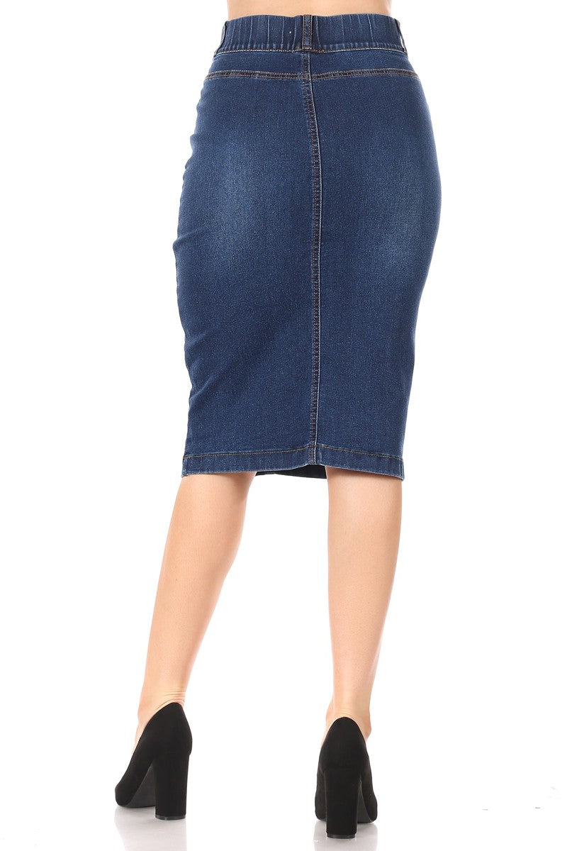 model wears indigo wash denim skirt