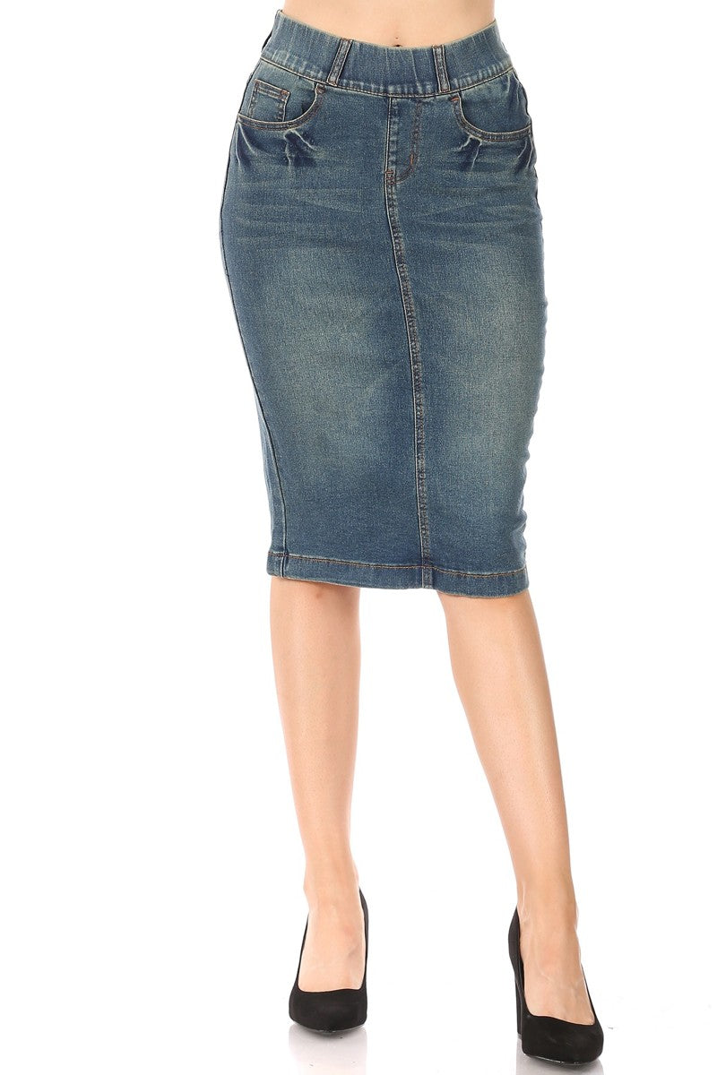 model wears vintage wash denim skirt
