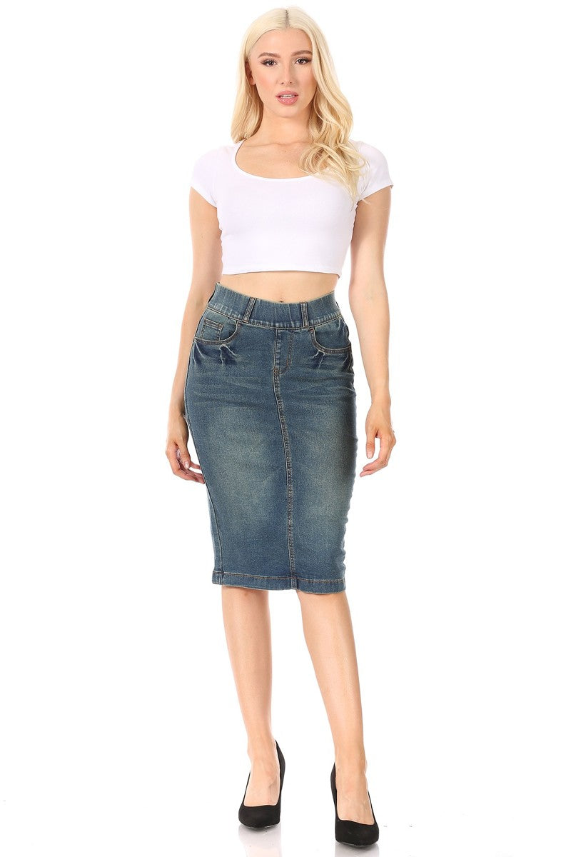 model wears vintage wash denim skirt