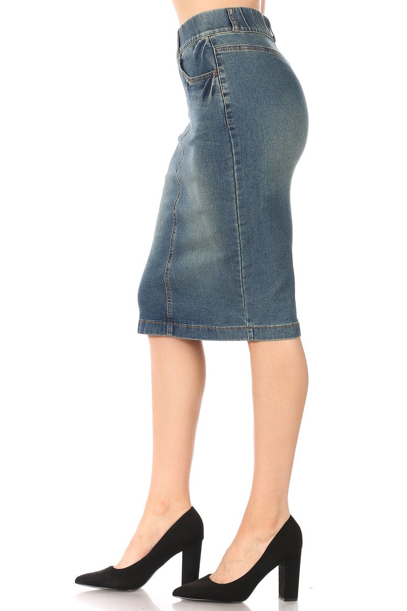 model wears vintage wash denim skirt