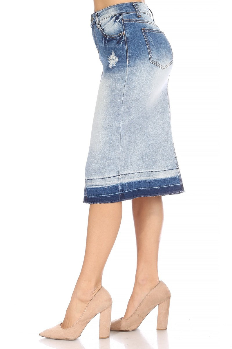 model weas blue denim midi skirt