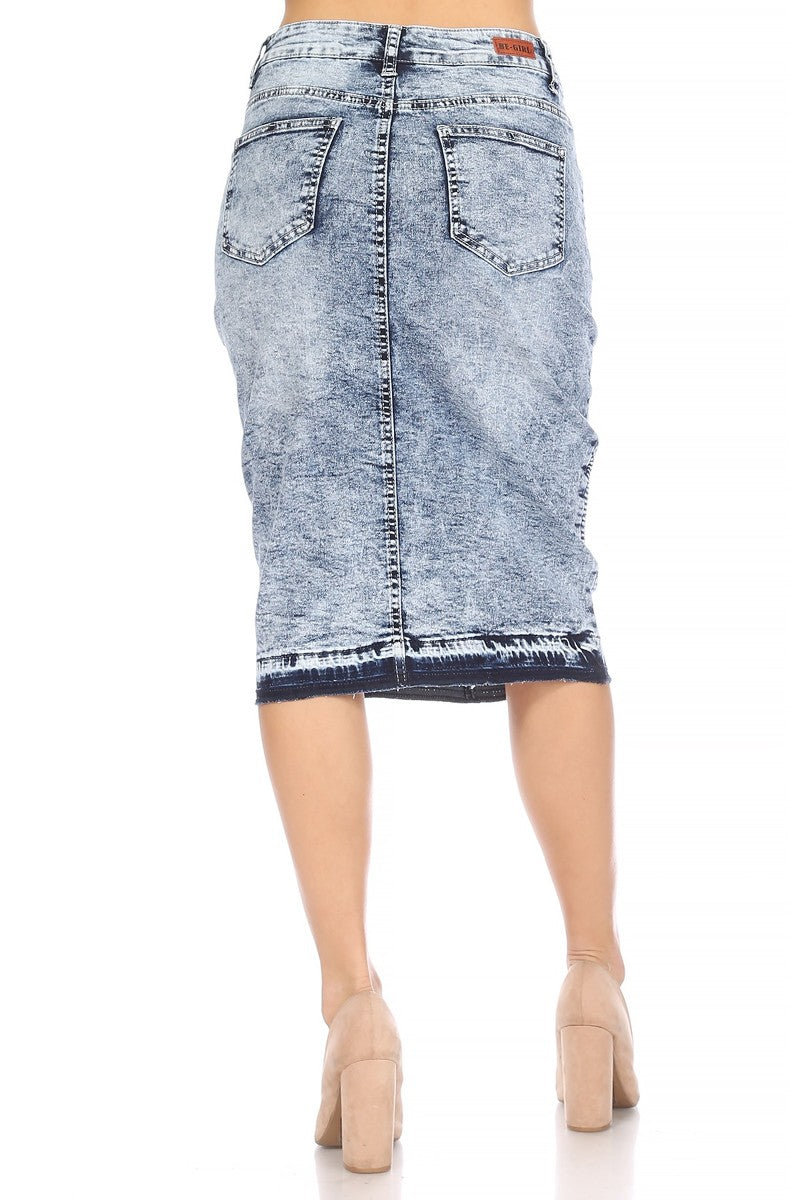 model wears blue denim midi skirt 