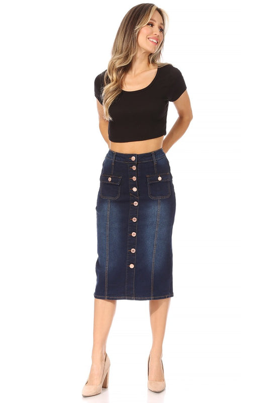 model wears dark indigo wash denim skirt